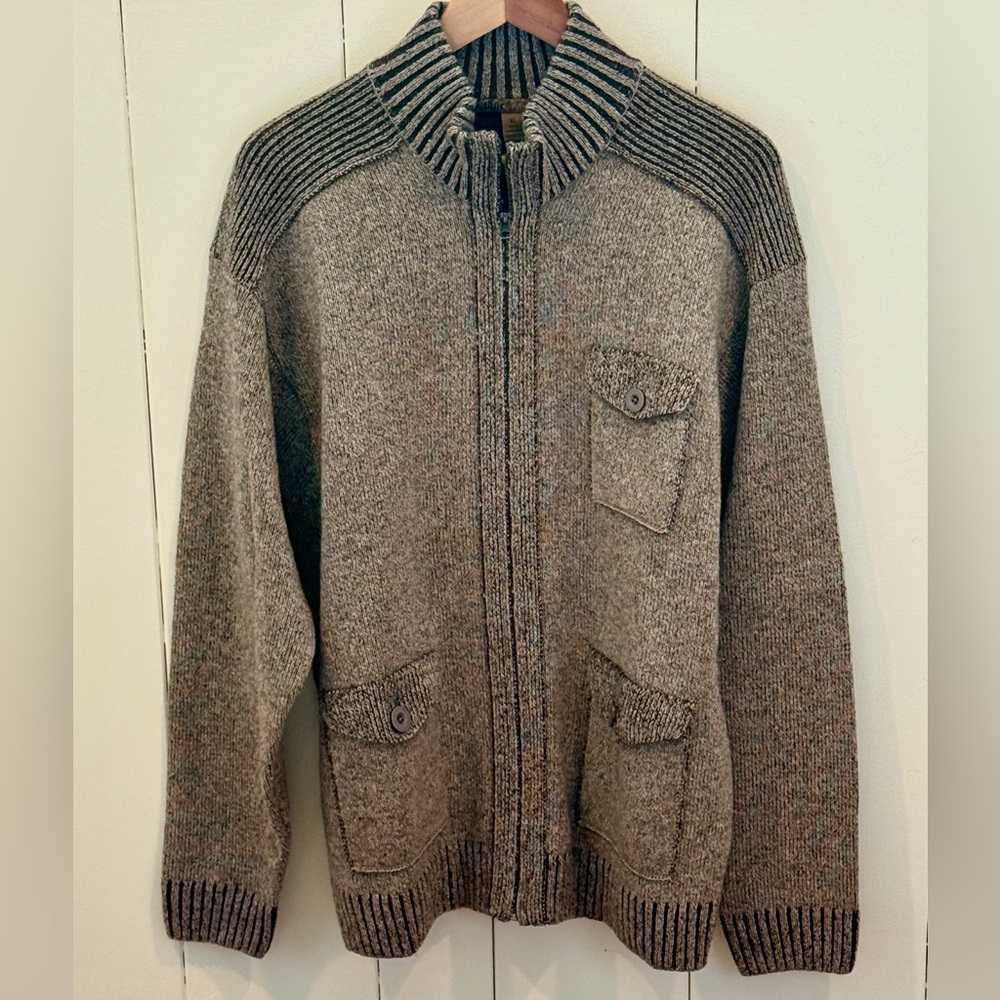 Brown Tan Zip Up Sweater with Ribbed Trim
